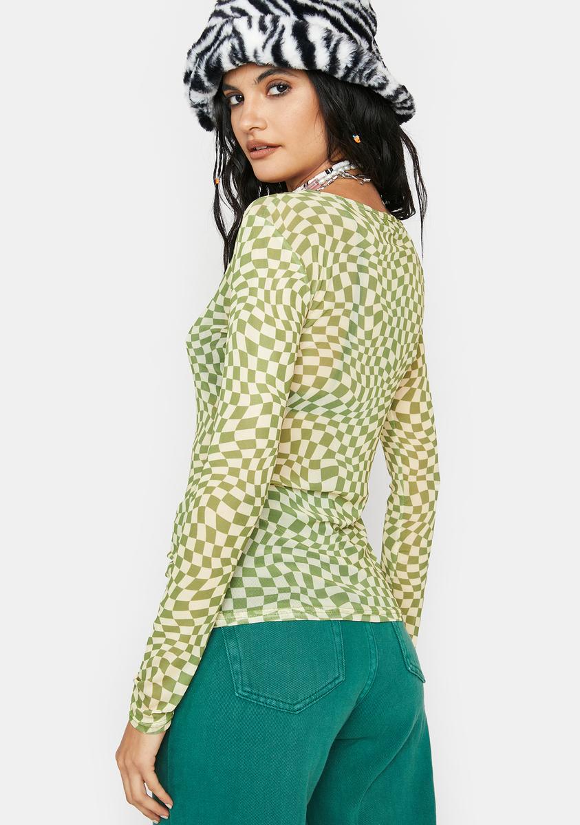 Amelia Long Sleeve Mesh Checkered Crop Top