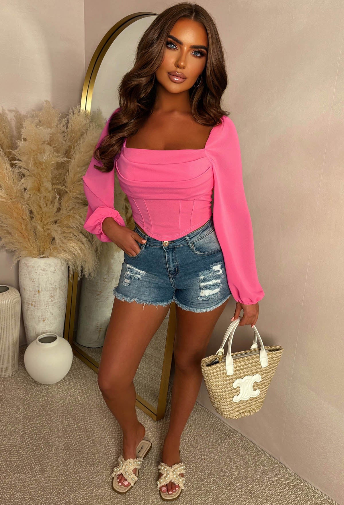 Bryony Hot Pink Long Sleeve Stretch Corset Top