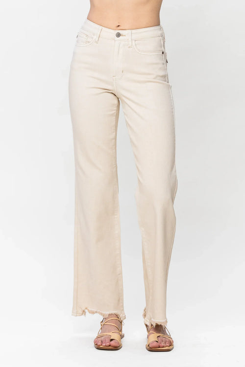 Judy Blue Destroyed Hem Straight Leg Jeans - Light Khaki