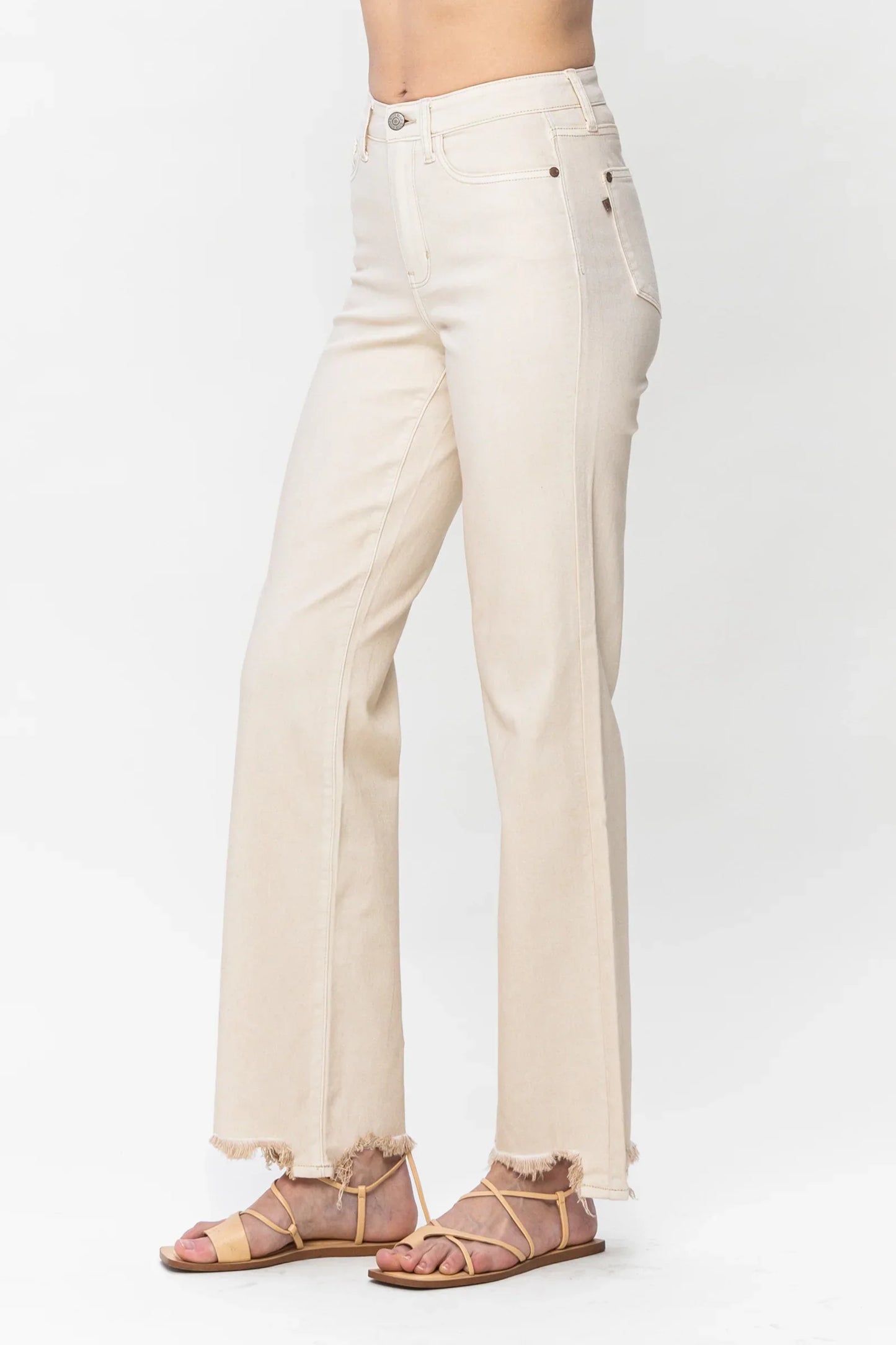Judy Blue Destroyed Hem Straight Leg Jeans - Light Khaki