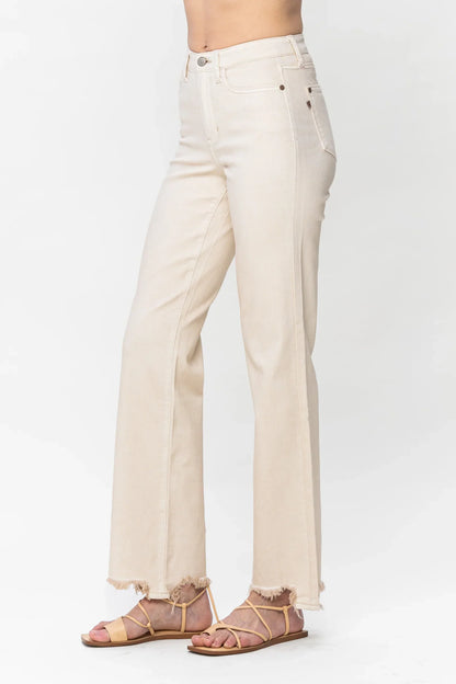 Judy Blue Destroyed Hem Straight Leg Jeans - Light Khaki