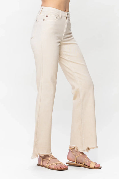 Judy Blue Destroyed Hem Straight Leg Jeans - Light Khaki