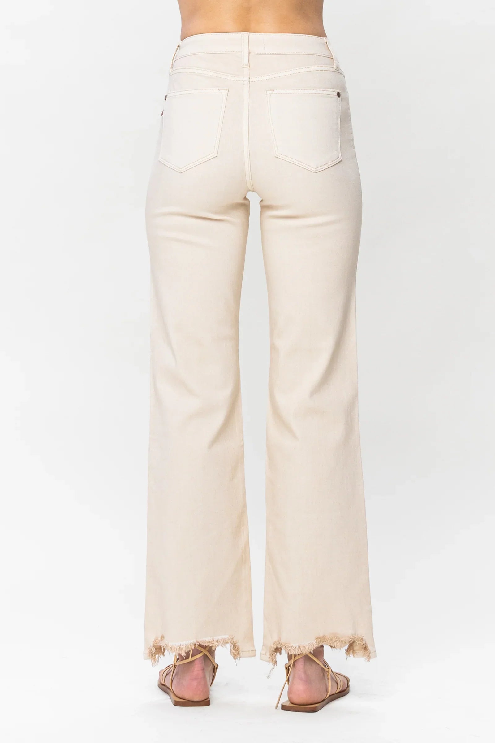 Judy Blue Destroyed Hem Straight Leg Jeans - Light Khaki