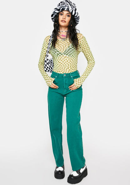 Amelia Long Sleeve Mesh Checkered Crop Top