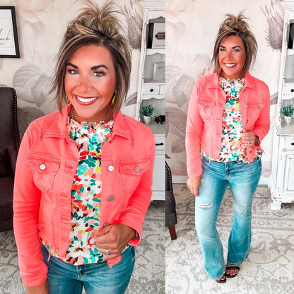 Make Me Happy Fray Hem Color Jean Jacket - Coral