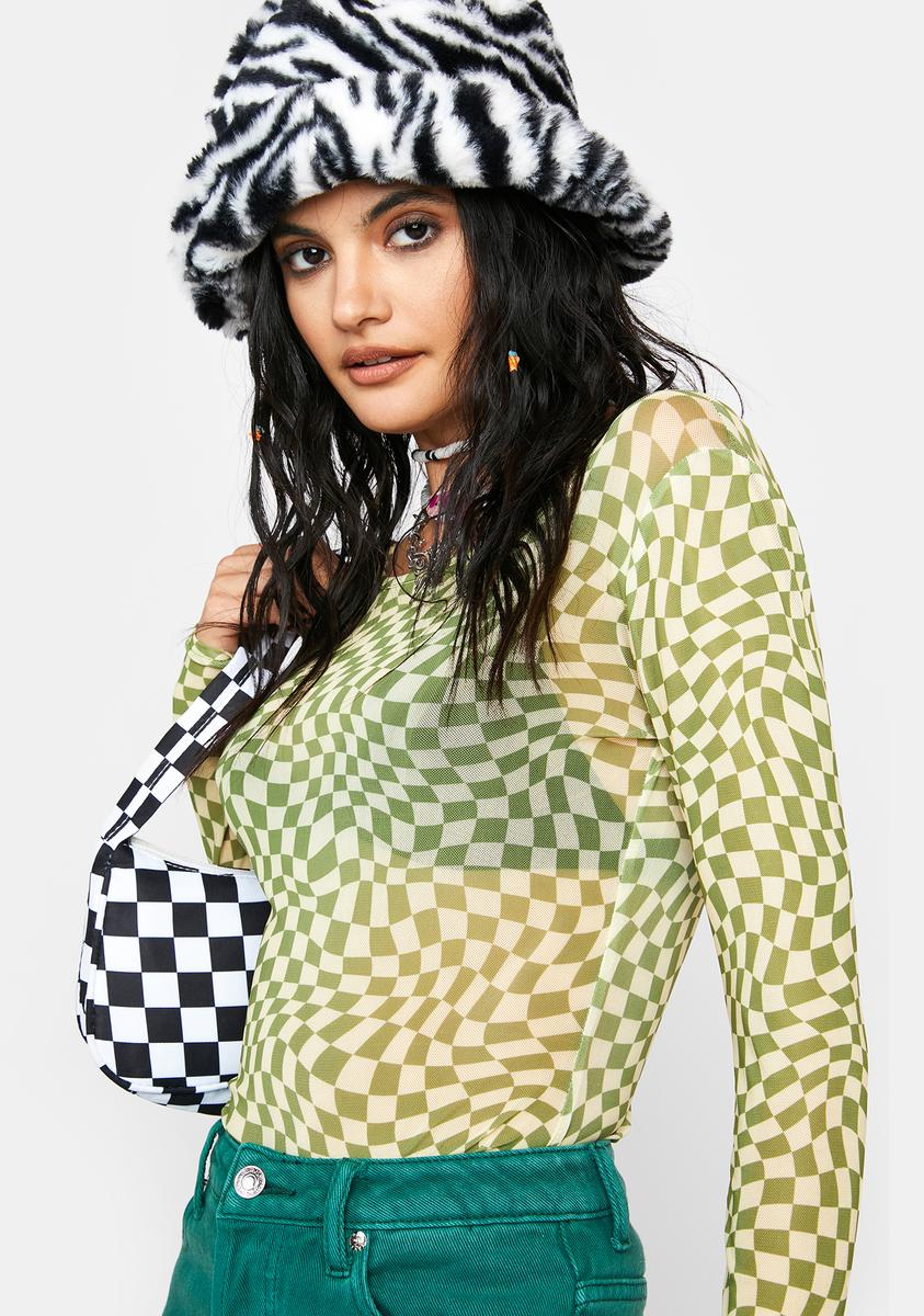 Amelia Long Sleeve Mesh Checkered Crop Top