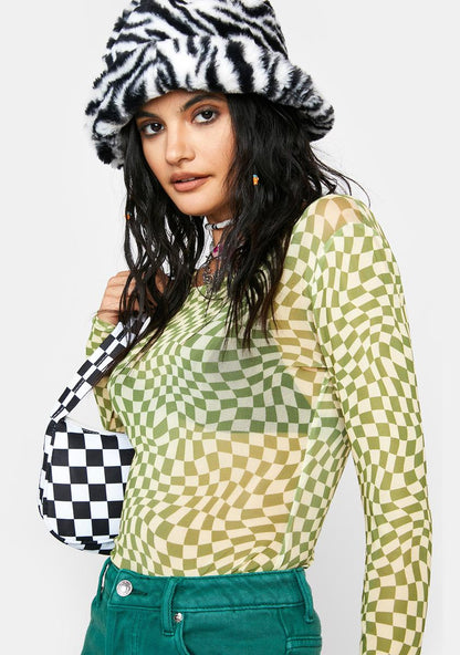 Amelia Long Sleeve Mesh Checkered Crop Top