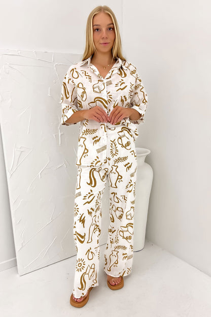 Aphaea Pant Set White Tan Aztec Vase