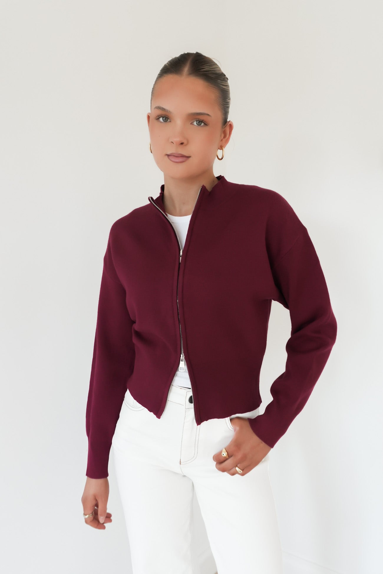 Arnie Knit Zip Up Jumper Wine