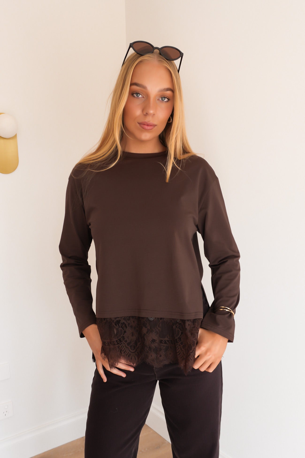 Ashlie Lace Long Sleeve Tee Chocolate