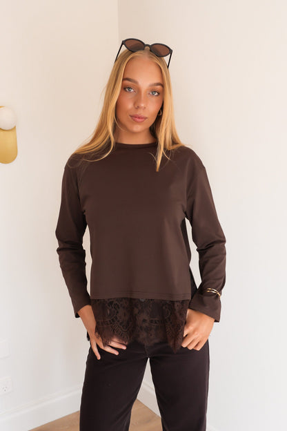 Ashlie Lace Long Sleeve Tee Chocolate