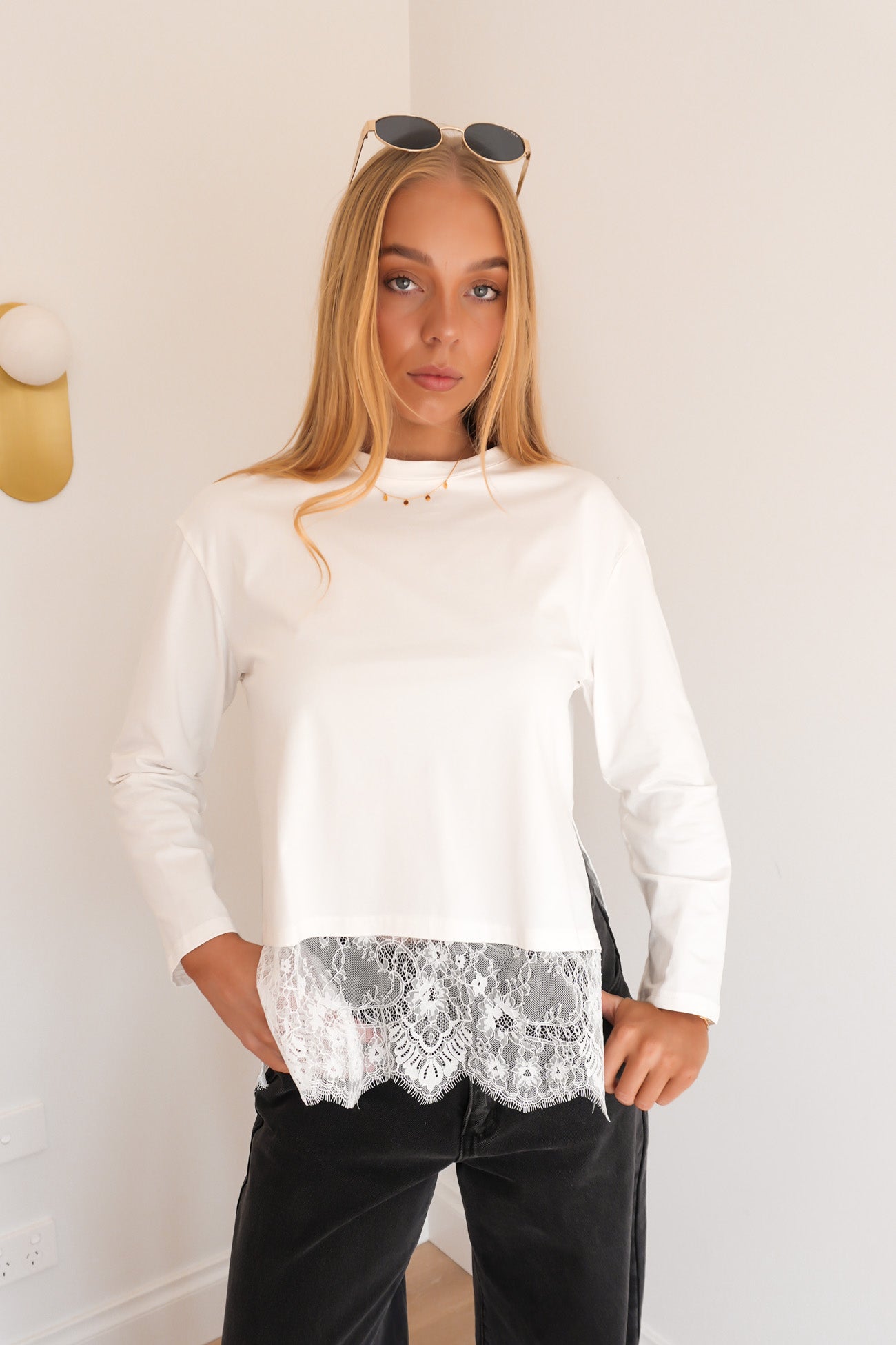 Ashlie Lace Long Sleeve Tee White
