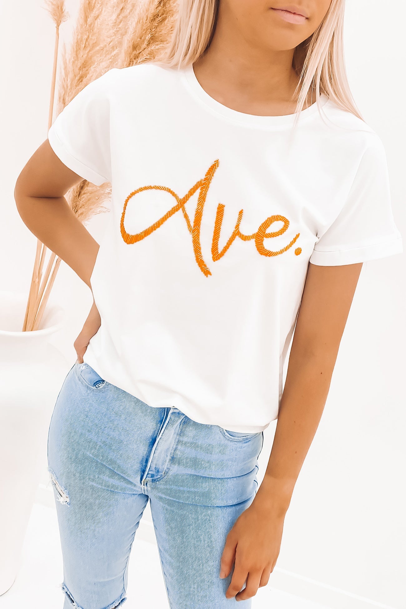 Ave Beaded Tee White Orange