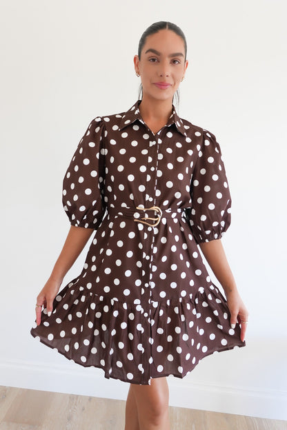 Ayden Mini Dress Chocolate Polka Dot
