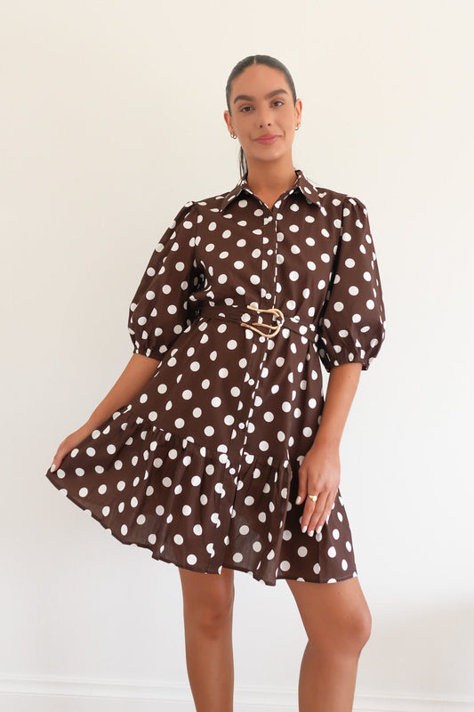 Ayden Mini Dress Chocolate Polka Dot