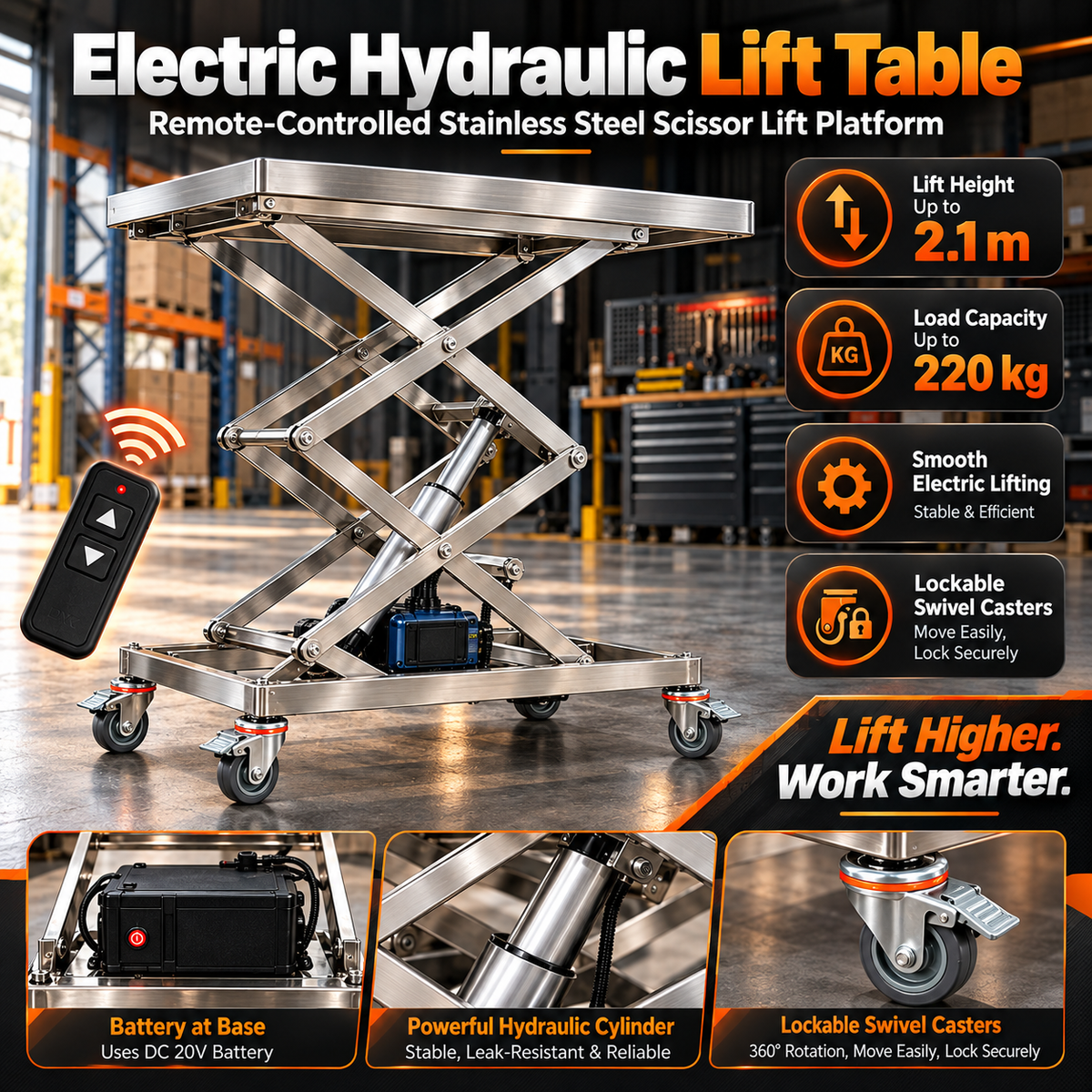 Remote Controlled Stainless Steel Electric Hydraulic Scissor Lift Table & Drill-Operated Cabinet Installation Lift Stand
