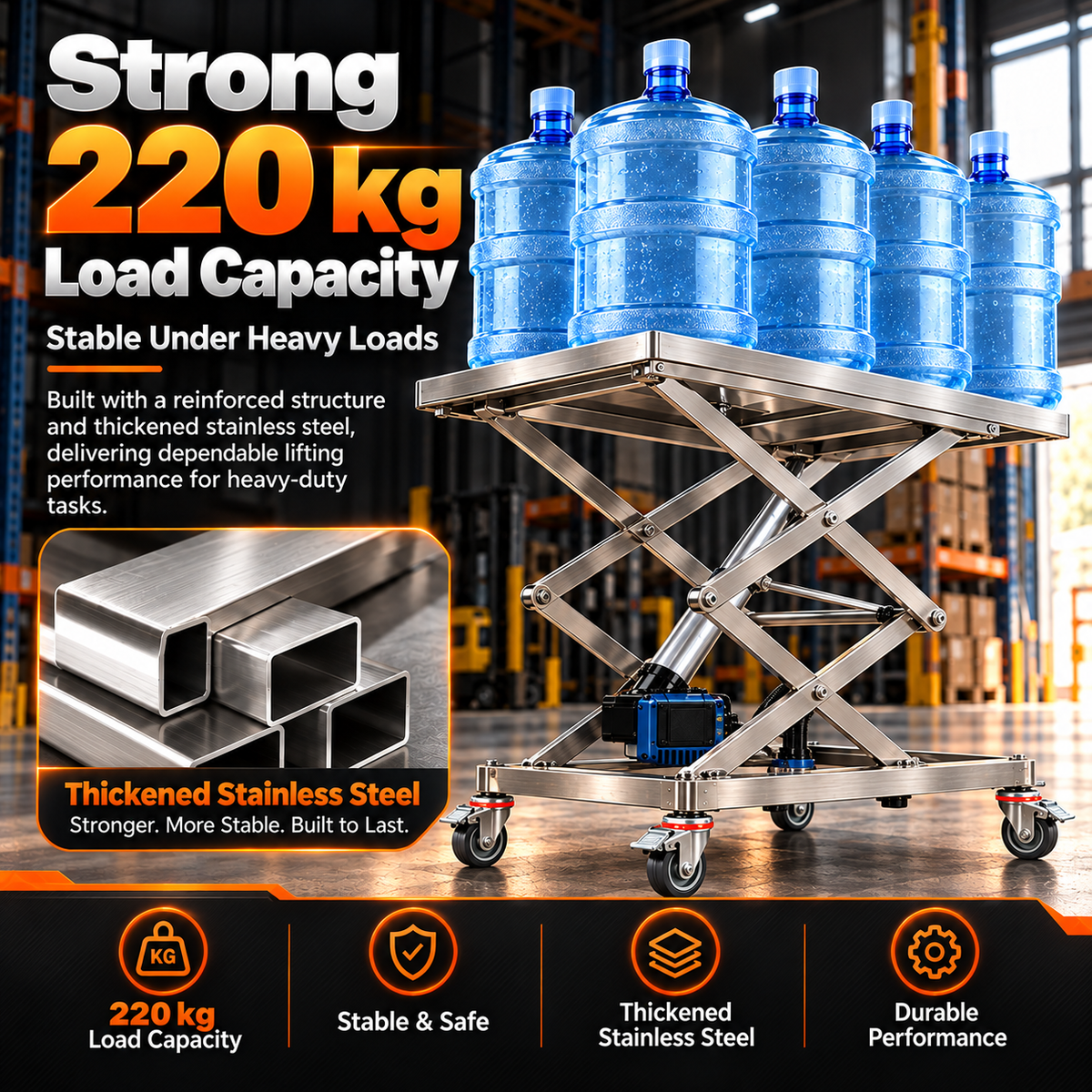 Remote Controlled Stainless Steel Electric Hydraulic Scissor Lift Table & Drill-Operated Cabinet Installation Lift Stand