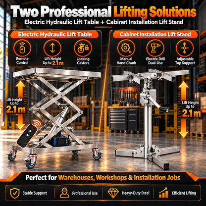 Remote Controlled Stainless Steel Electric Hydraulic Scissor Lift Table & Drill-Operated Cabinet Installation Lift Stand