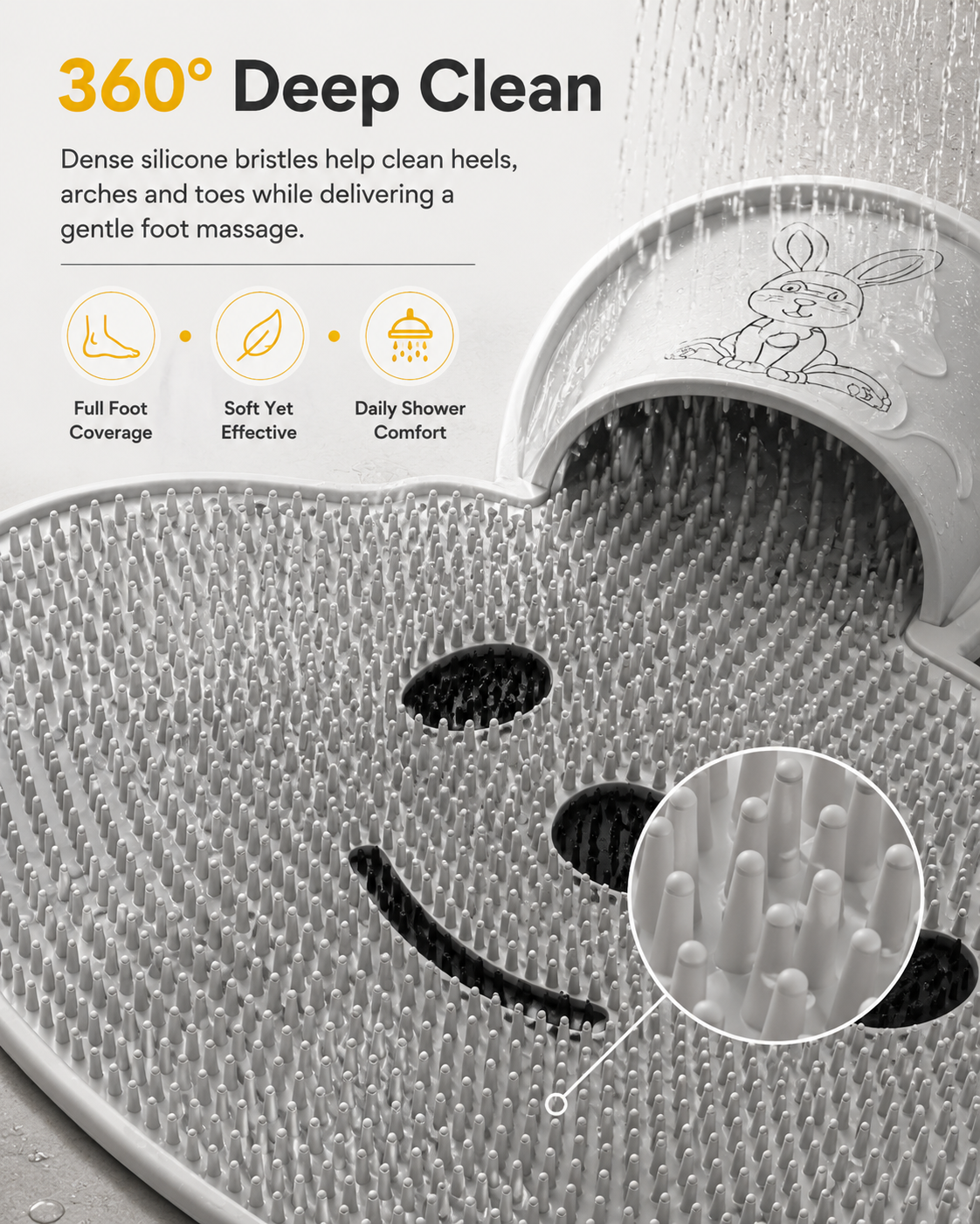 Bunny Non‑Slip Shower Mat, TPE Foot Massage Bath Mat with Strong Suction Cups for Bathroom