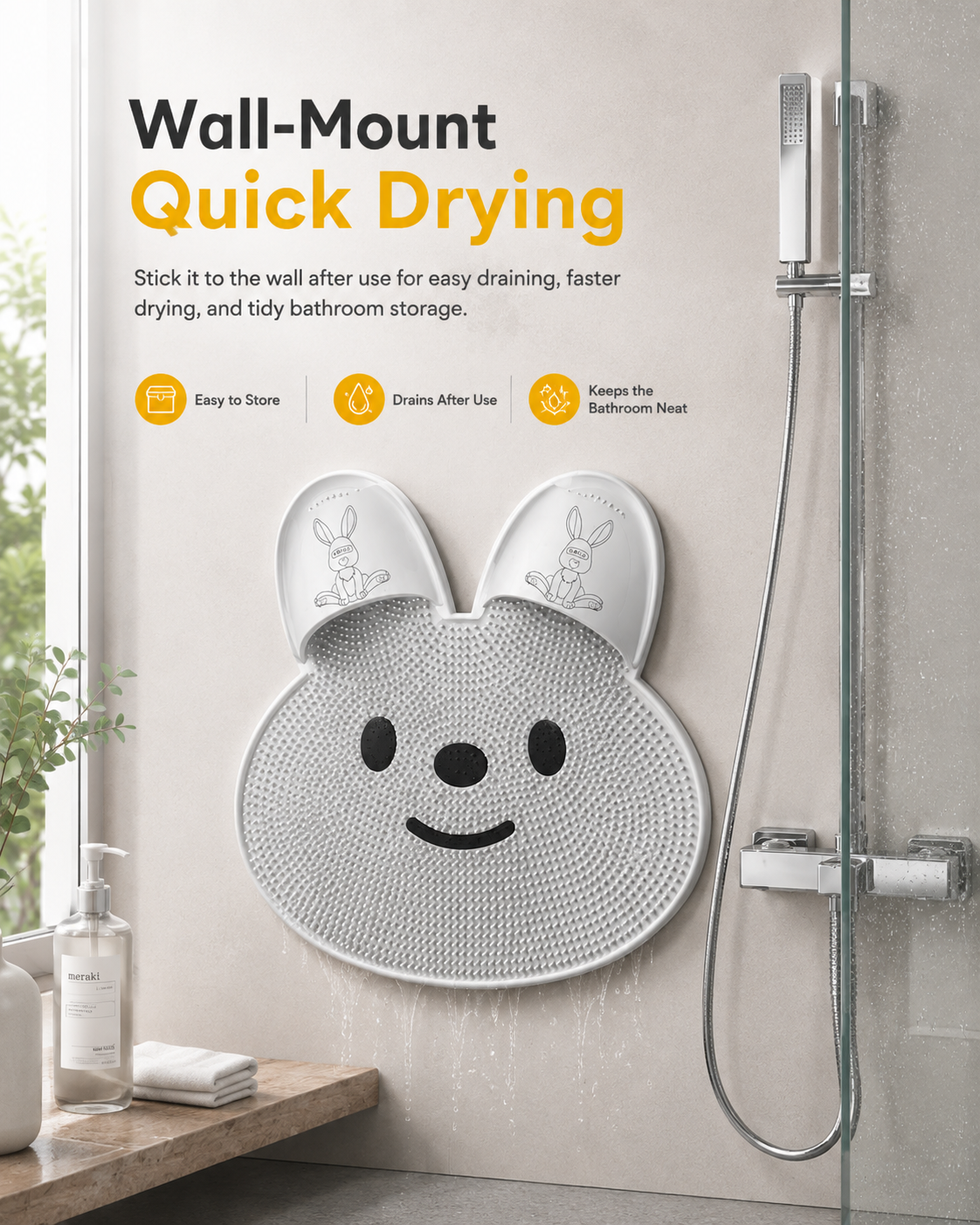 Bunny Non‑Slip Shower Mat, TPE Foot Massage Bath Mat with Strong Suction Cups for Bathroom