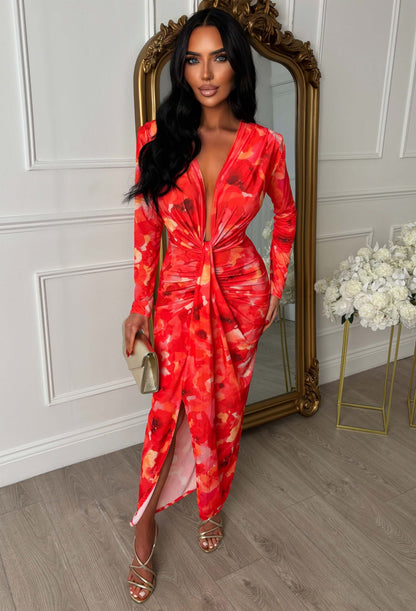 Cocktail Chic Pink Stretch Long Sleeve Plunge Ruched Midi Dress