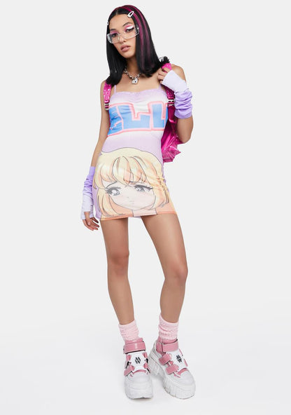 Anime Mesh Lace Trim Mini Dress