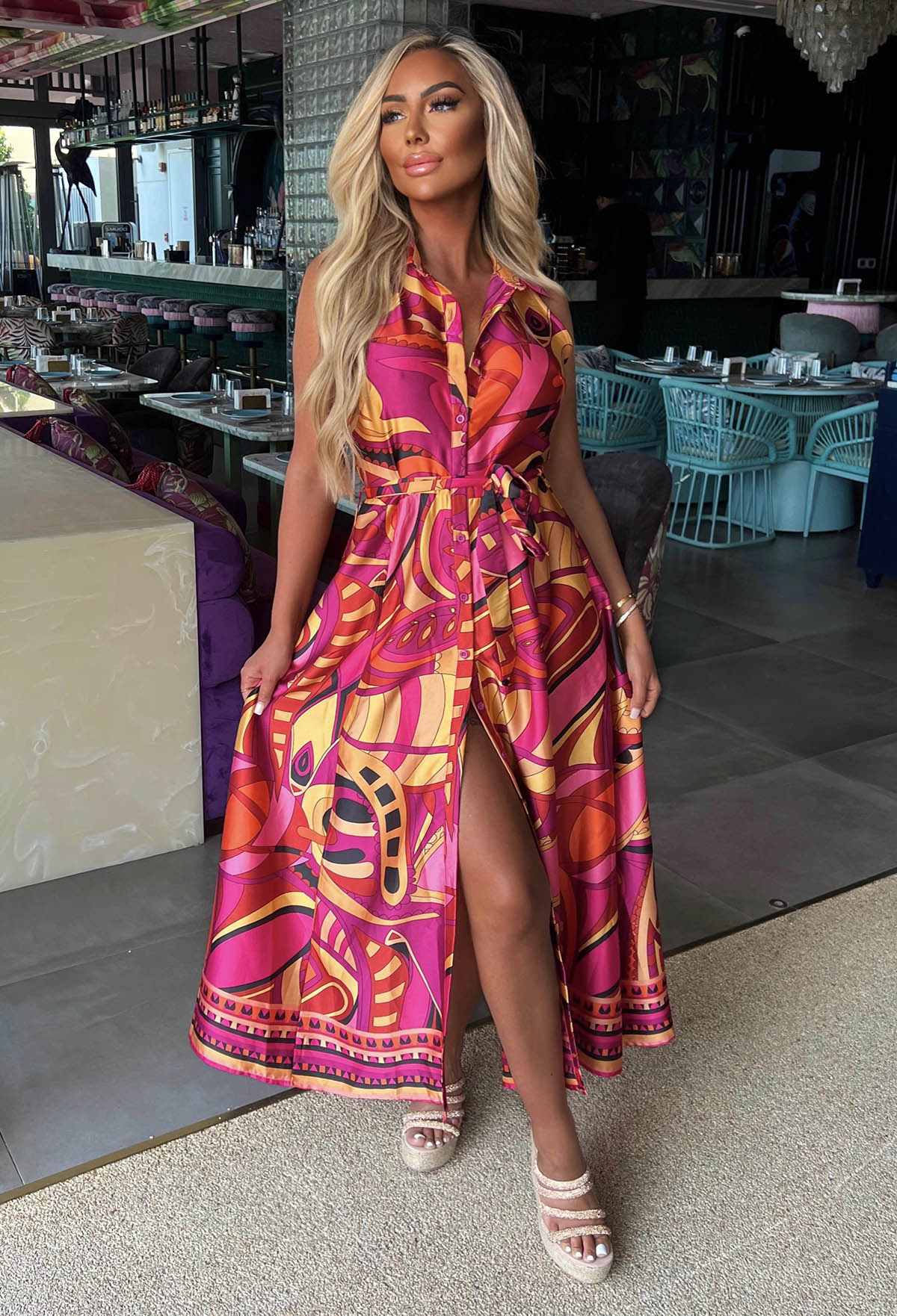 Dubai Luxury Pink Satin Printed Maxi Dress