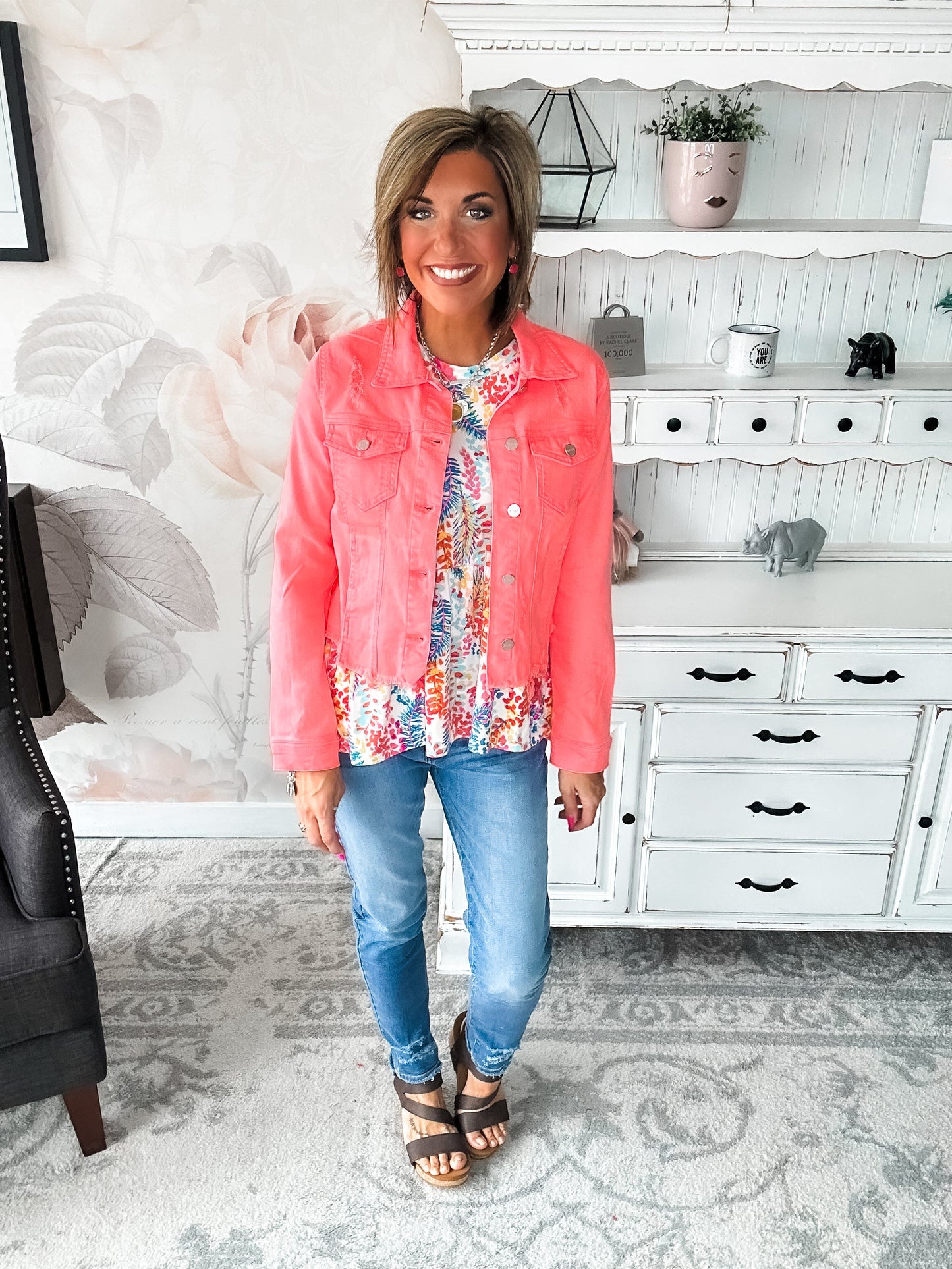 Make Me Happy Fray Hem Color Jean Jacket - Coral
