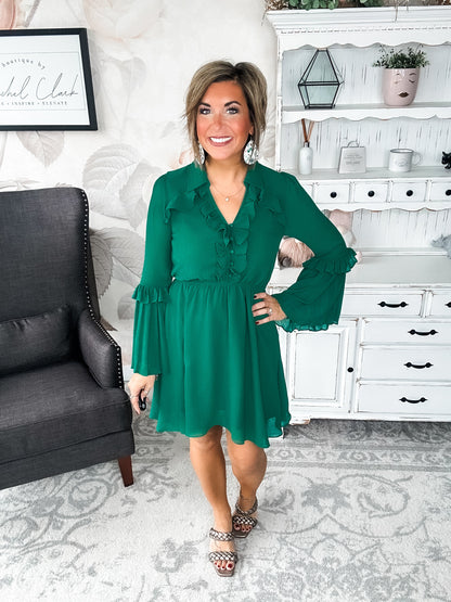Light the Fire Pleated Dress - Hunter Green