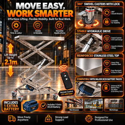 Remote Controlled Stainless Steel Electric Hydraulic Scissor Lift Table & Drill-Operated Cabinet Installation Lift Stand