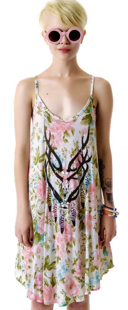 Antler Feathers Slip Dress - Off White