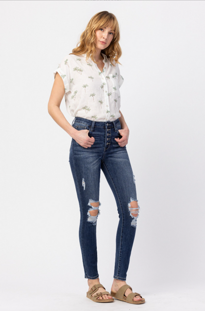 Judy Blue Button Fly Destroyed Skinny Jeans