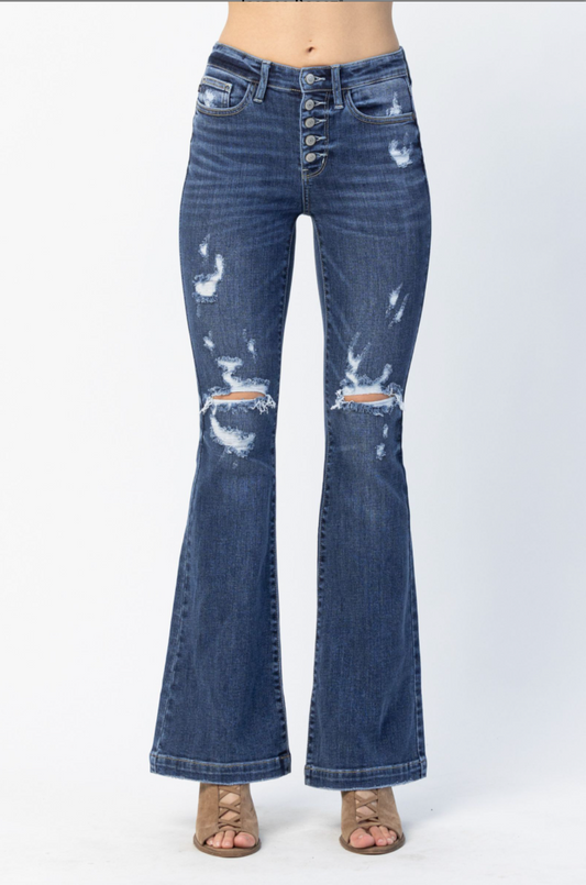 Judy Blue Destroyed Button Fly Trouser Flare
