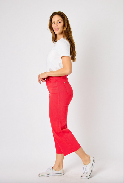 Judy Blue Tummy Control Wide Leg Crop - Red