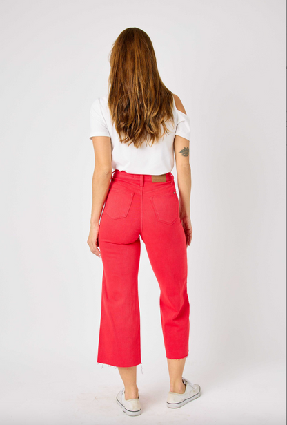 Judy Blue Tummy Control Wide Leg Crop - Red