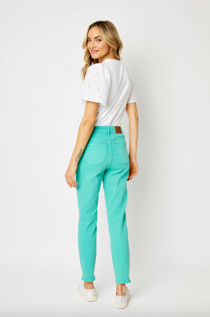 Judy Blue Garment Dyed Girlfriend Jeans - Aquamarine