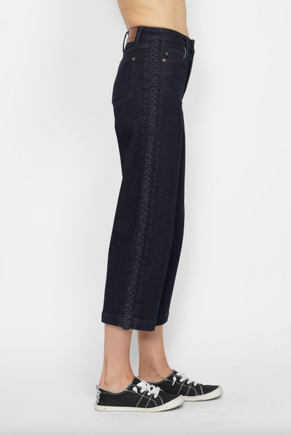 Judy Blue Braided Cropped Wide Leg Jeans - Dark Wash