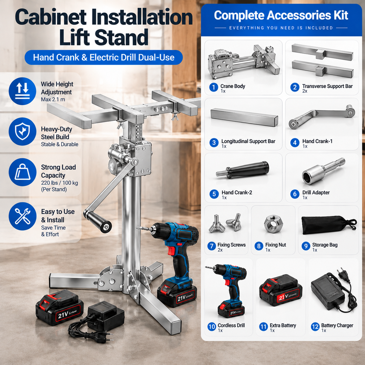 Heavy Object Installation Lift Stand | 220LB Per Stand, Dual Hand/Drill Operation, 2.1m Adjustable Height