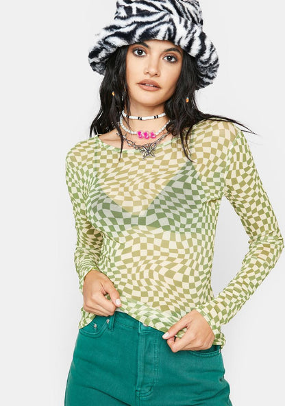 Amelia Long Sleeve Mesh Checkered Crop Top