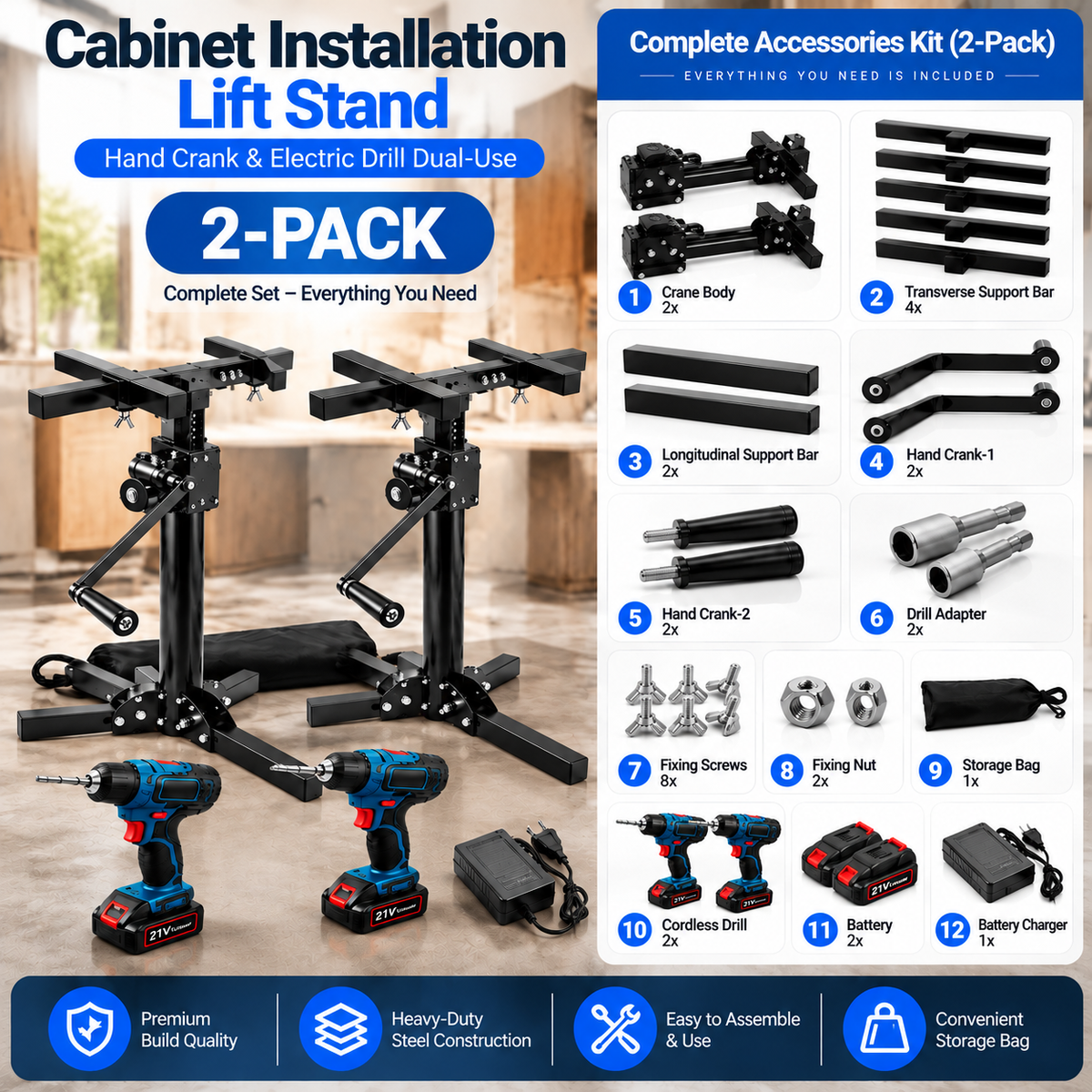 Heavy Object Installation Lift Stand | 220LB Per Stand, Dual Hand/Drill Operation, 2.1m Adjustable Height
