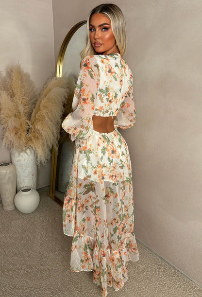 Aurora Bloom Coral Cut Out Floral Long Sleeve Dress