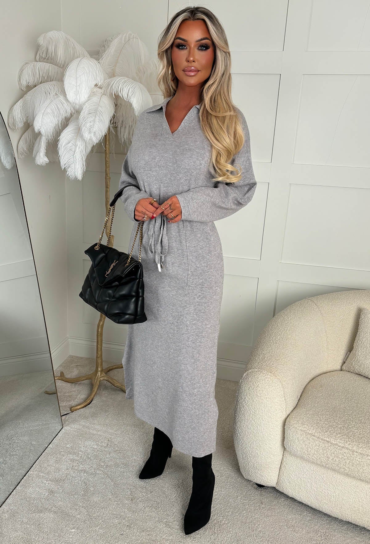 Bad Girl Vibes Grey Collared Tie Waist Midi Knitted Dress