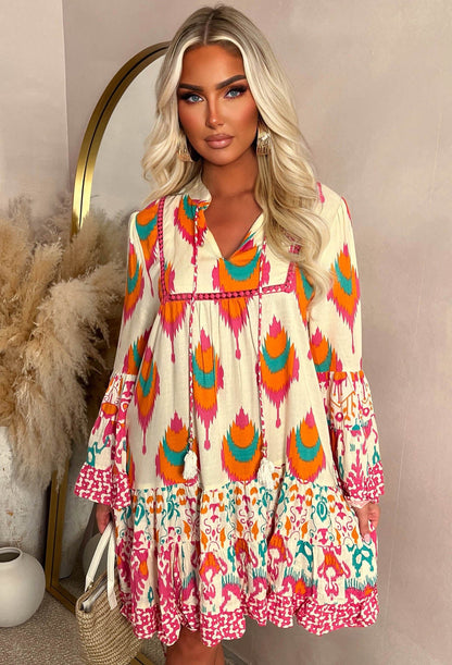 Bali Beauty Multi Shimmer Thread Tiered Printed Smock Dress