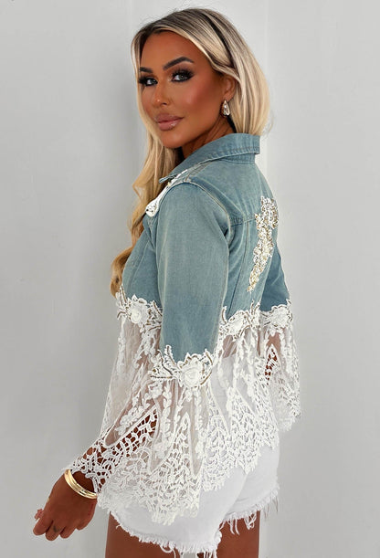 Boho Revival Mid Wash Lace & Denim Jacket