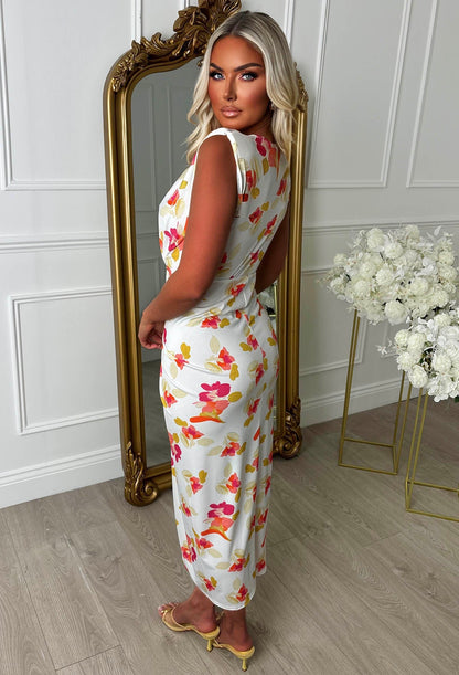 Cocktail Hour Pink Petal Flowers Sleeveless Plunge Ruched Midi Dress