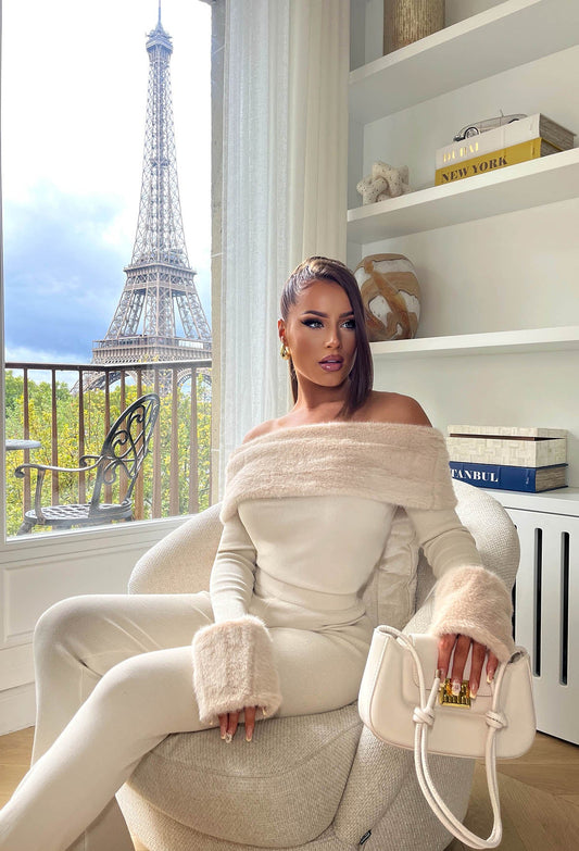 Crimson Allure Cream Faux Fur Bardot Jumper With Knitted Trouser Co-ord Set