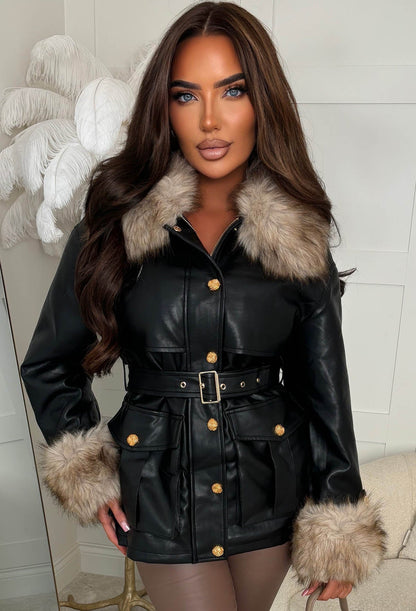 Effortless Edge Black Faux Leather Faux Fur Collar Jacket