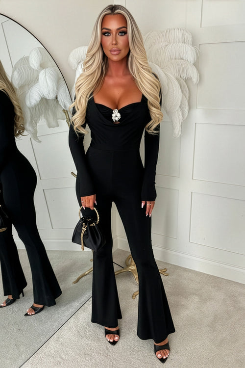 Effortless Seduction Black Bandeau Cowl Long Sleeve Jumpsuit