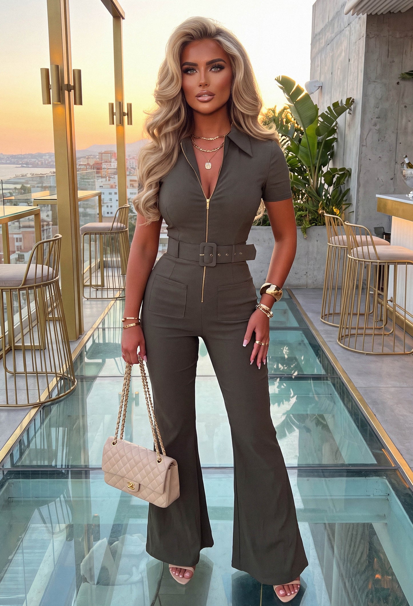 Fatale Babe Khaki Zip Front Short Sleeve Jumpsuit