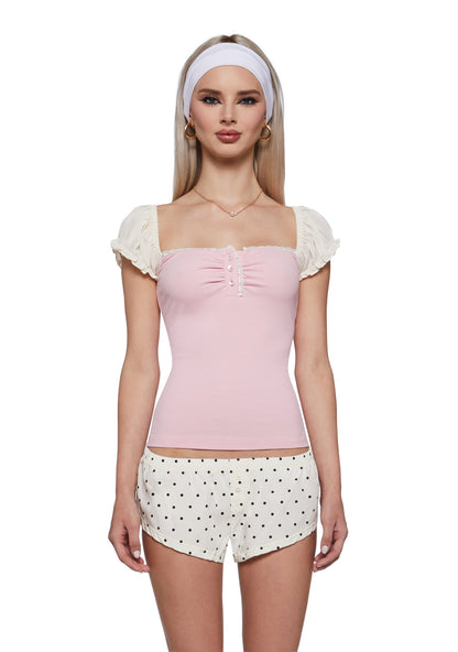 Anna Frilly Cap Sleeve Button Top